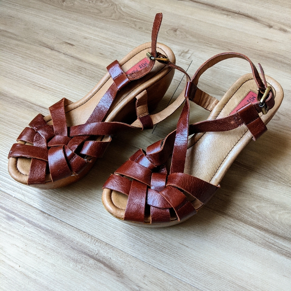 Miz Mooz Brown Strappy Leather Wedges, Size 7